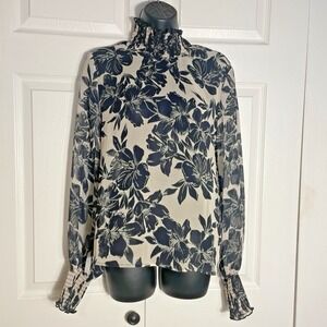 Mng Shirt Women‎ US 4 Beige Black Floral Sheer High Neck Whimsigoth Fairy Blouse